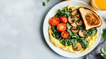 Healthy omelet with spinach mushrooms and tomatoes on white plate with whole grain toast and orange juice
