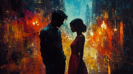 Romantic Couple Silhouettes in a City Night Scene