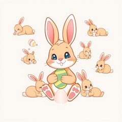 A cute cartoon bunny holding an Easter egg surrounded by playful baby bunnies on a light background