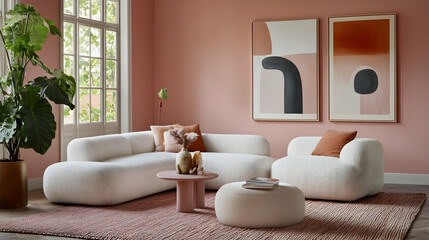 Chic Pink Room with Cozy Furniture, Plant, and Modern Artwork  -