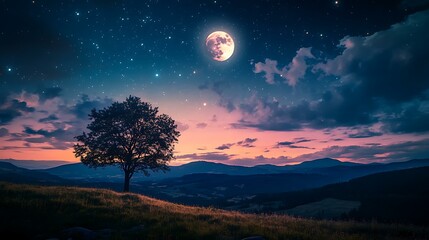 A moonlit sky over a quiet landscape, with stars twinkling and the moon casting a soft glow