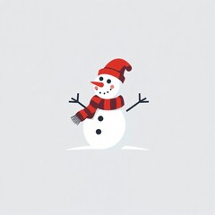 Fototapeta premium Cheerful snowman wearing a red scarf and hat, standing with outstretched arms in a winter landscape
