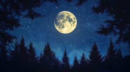 Fototapeta premium A night sky with a full moon glowing brightly among a sea of stars, with silhouettes of trees below