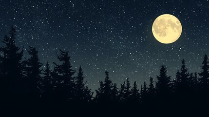A night sky with a full moon glowing brightly among a sea of stars, with silhouettes of trees below