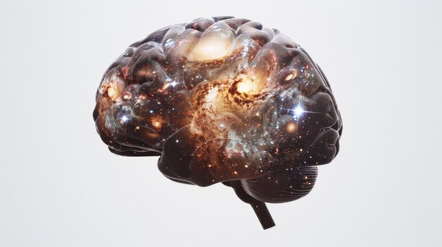 a brain depicted as a cosmic oracle, with galaxies spinning within its depths and stars twinkling in its neural pathways