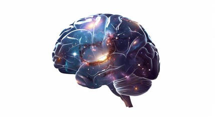 a brain depicted as a cosmic oracle, with galaxies spinning within its depths and stars twinkling in its neural pathways