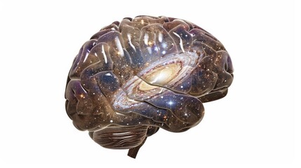 a brain depicted as a cosmic oracle, with galaxies spinning within its depths and stars twinkling in its neural pathways