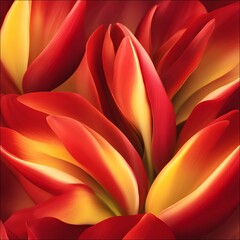 Tulip (Love Confession, Honor)_An abstract background of tulip petals in vibrant reds and yellows, their smooth and glossy curves radiating warmth.