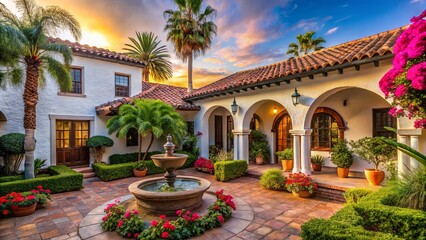 Obraz premium A white stucco home with a terracotta tiled roof and an arched entryway opens to a courtyard with a fountain, lush greenery, and vibrant blooms.