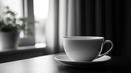 Fototapeta premium A coffee cup on the table in front of the windowsill, black and white image