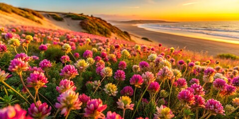 Obraz premium A delicate field of pink and white wildflowers basking in the golden glow of a setting sun, their petals glistening with dew, capturing the serenity of nature's beauty.
