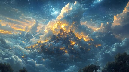 Fototapeta premium Golden Cloud Fortress Illuminated by Glowing Embers in a Majestic Sky at Night. Generative AI