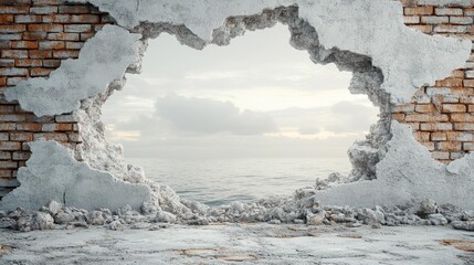 3D hole in a brick wall revealing a peaceful ocean view damaged wall exposing serene water horizon...