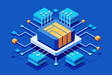 AI chip or CPU processor front side bus and circuit, circle connected lines on technology blue background.