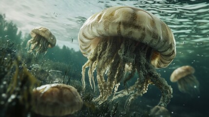 Ancient jellyfish drifting through the shallow waters of a prehistoric sea, surrounded by smaller creatures.