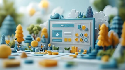Creative 3D infographic miniature scene with trees figures and a control panel interface. Perfect for educational or technological visuals data representation or game design. Generative AI