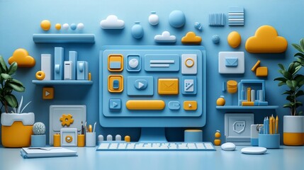 3D rendered minimalist desktop interface design with blue and yellow UI elements ideal for modern digital projects. Generative AI