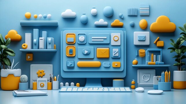 3D rendered minimalist desktop interface design with blue and yellow UI elements ideal for modern digital projects. Generative AI