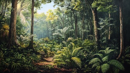 Ancient tropical forest filled with ferns, cycads, and ginkgo trees from the Mesozoic era.