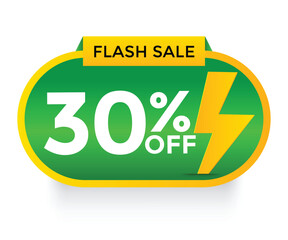 Green Color discount sticker discount price tag. 30% discount template, used for promotional advertisements in special sales. Isolated on white background. Realistic vector file.
