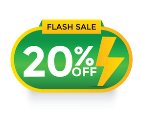 Green Color discount sticker discount price tag. 20% discount template, used for promotional advertisements in special sales. Isolated on white background. Realistic vector file.
