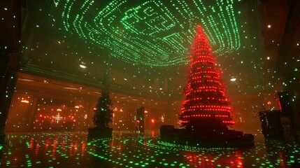 Fototapeta premium Glowing Virtual Christmas Tree in Festive Atmosphere