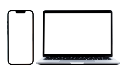 Laptop computer and mobile smartphone with blank screen isolated on transparent background, PNG File