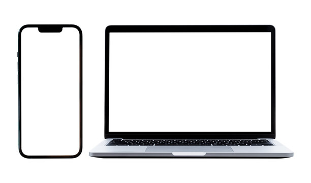 Laptop computer and mobile smartphone with blank screen isolated on transparent background, PNG File - Powered by Adobe