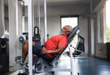 A senior man with gray hair and a beard works out on a leg press machine at the gym. - Powered by Adobe