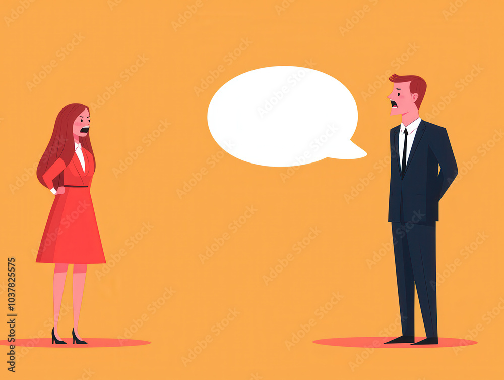 Poster a man and woman stand on a vibrant background, engaging in conversation, with an empty speech bubble
