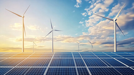 3D rendering of solar panels and wind turbines under a blue sky with white clouds in the background. Green energy concept