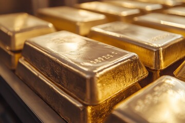 Close-up of shiny gold bars stacked in neat rows, reflecting light in a secure vault with a polished metallic surface