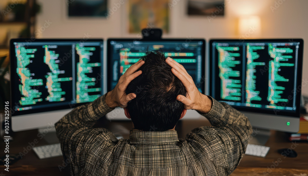 Poster A person appears stressed while coding, surrounded by multiple monitors displaying complex code and programming data.