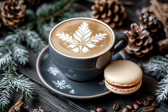 A cappuccino with a Christmas snowflake pattern on top, on the table there are macarons and pine cones, against a dark background