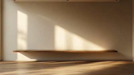 Minimalist interior with floating wooden shelf and soft sunlight casting on a beige wall, creating a serene and peaceful atmosphere.
