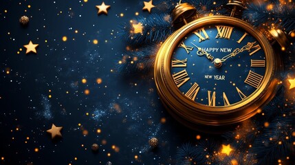 Golden Clock and Glowing Stars New Year Celebration Banner. Generative AI