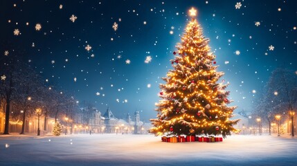 Fototapeta premium Enchanting snowy Christmas tree in a festive winter scene