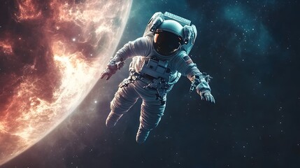 Fototapeta premium Spaceman and planet, human in space concept. 