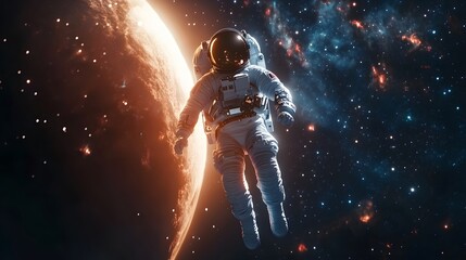 Fototapeta premium Spaceman and planet, human in space concept. 