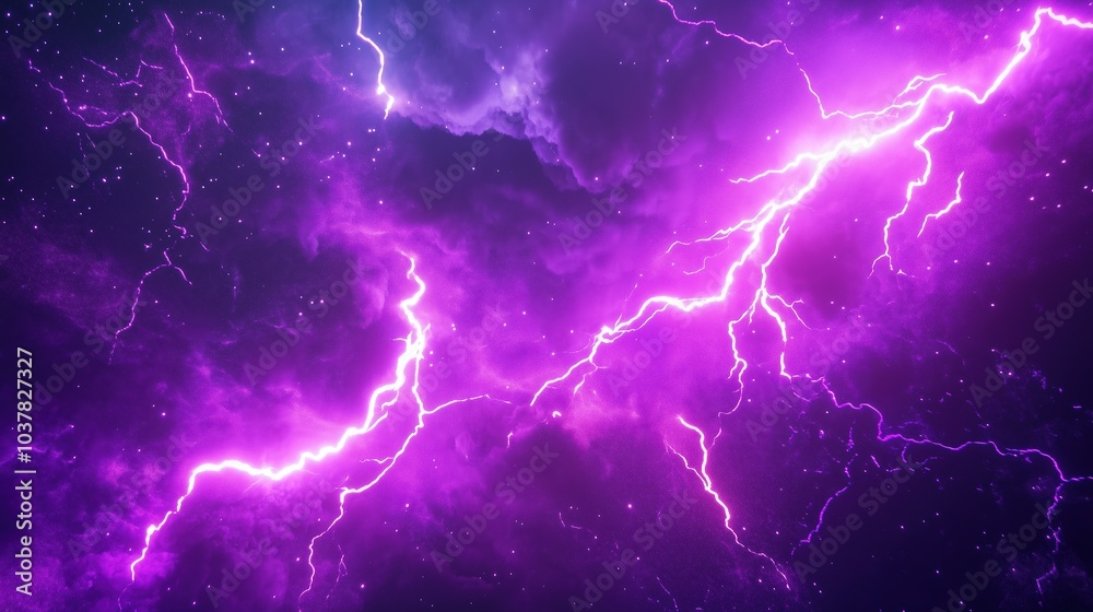 Poster Dynamic 3D rendering of purple lightning in a deep space background with dark galaxy elements. The scene captures intense thunder and glowing purple light within an abstract nebula, creating an otherw