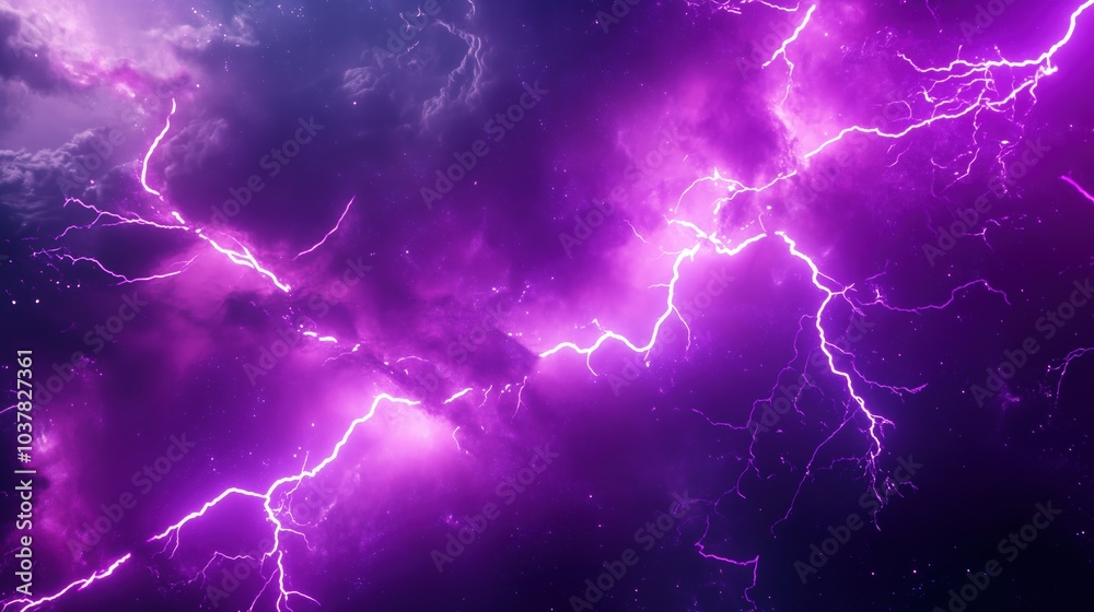 Poster Dynamic 3D rendering of purple lightning in a deep space background with dark galaxy elements. The scene captures intense thunder and glowing purple light within an abstract nebula, creating an otherw