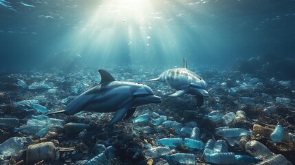 Fototapeta premium Dolphins Swimming in a Polluted Ocean Amidst Plastic Waste. Generative AI