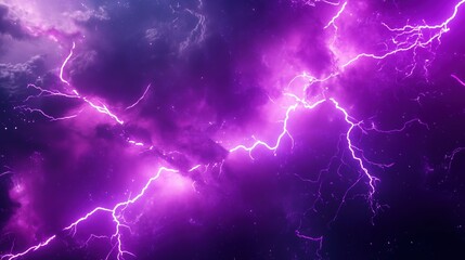 Naklejka premium Dynamic 3D rendering of purple lightning in a deep space background with dark galaxy elements. The scene captures intense thunder and glowing purple light within an abstract nebula, creating an otherw