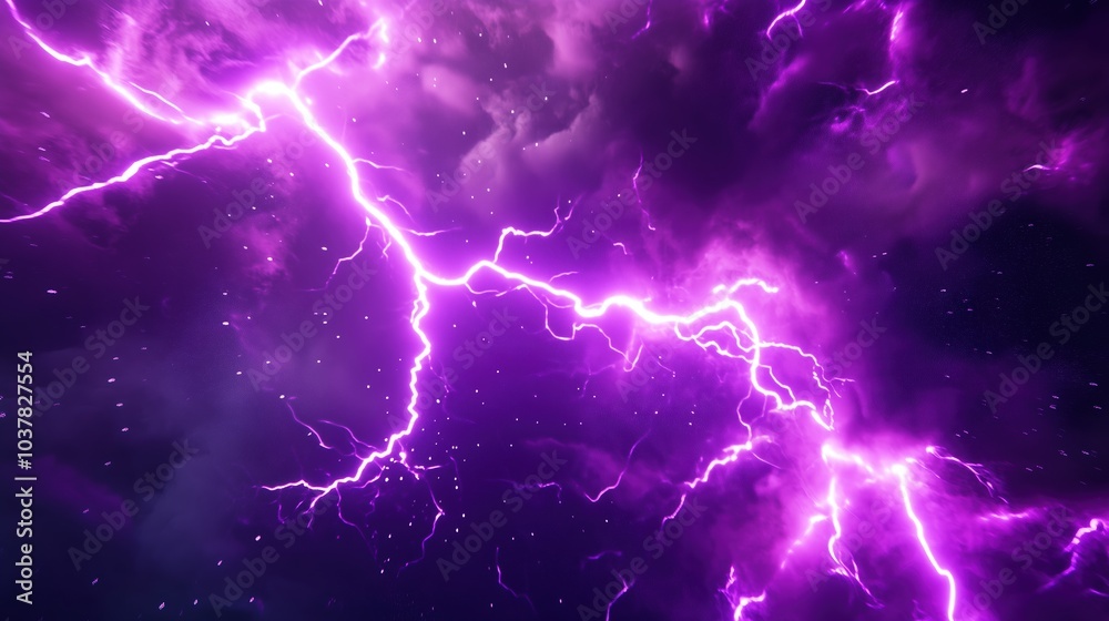 Leinwandbilder Dynamic 3D rendering of purple lightning in a deep space background with dark galaxy elements. The scene captures intense thunder and glowing purple light within an abstract nebula, creating an otherw