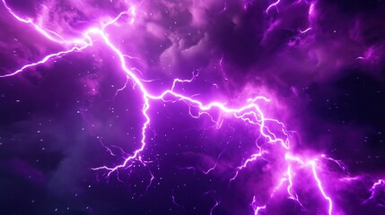 Dynamic 3D rendering of purple lightning in a deep space background with dark galaxy elements. The scene captures intense thunder and glowing purple light within an abstract nebula, creating an otherw