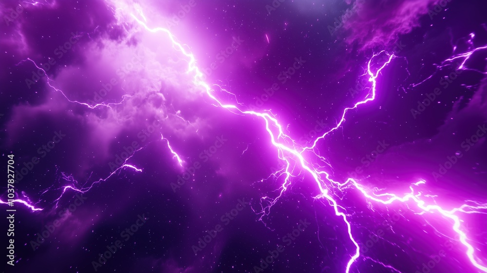 Poster Dynamic 3D rendering of purple lightning in a deep space background with dark galaxy elements. The scene captures intense thunder and glowing purple light within an abstract nebula, creating an otherw