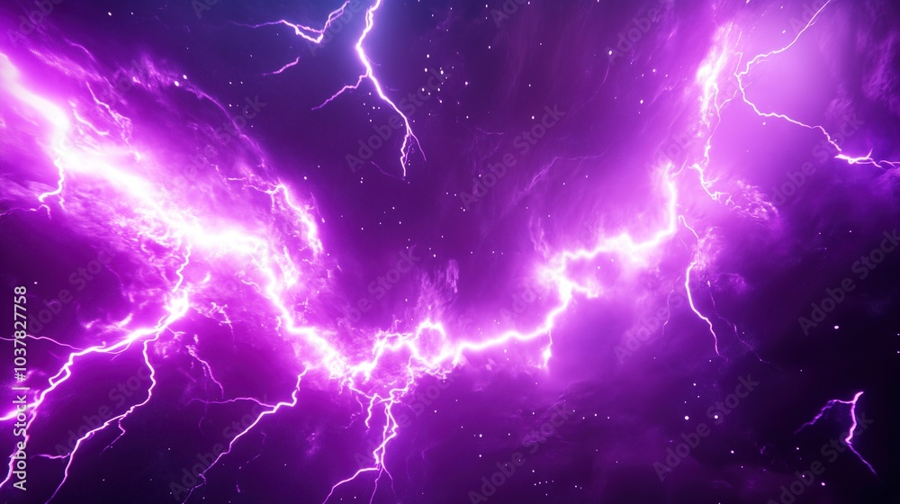 Leinwandbilder Dynamic 3D rendering of purple lightning in a deep space background with dark galaxy elements. The scene captures intense thunder and glowing purple light within an abstract nebula, creating an otherw