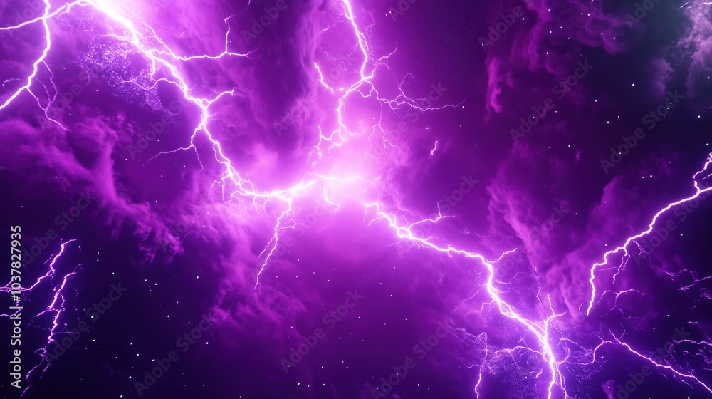 Poster Dynamic 3D rendering of purple lightning in a deep space background with dark galaxy elements. The scene captures intense thunder and glowing purple light within an abstract nebula, creating an otherw