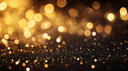  Abstract dark background with sparkling golden bokeh lights and glitter dust particles, banner. AI generation.