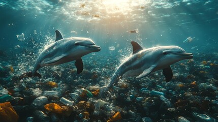 Obraz premium Two Dolphins Swimming in an Ocean Filled with Plastic Waste A Powerful Visual of Environmental Pollution. Generative AI